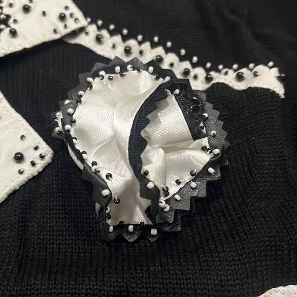 Vintage Knit Cardigan Sweater Black Large Beaded Vegan Leather Trim Satin - Picture 5 of 16